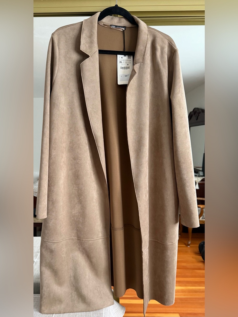 BNWT Zara Taupe faux suede Open-Front Long Trench Coat